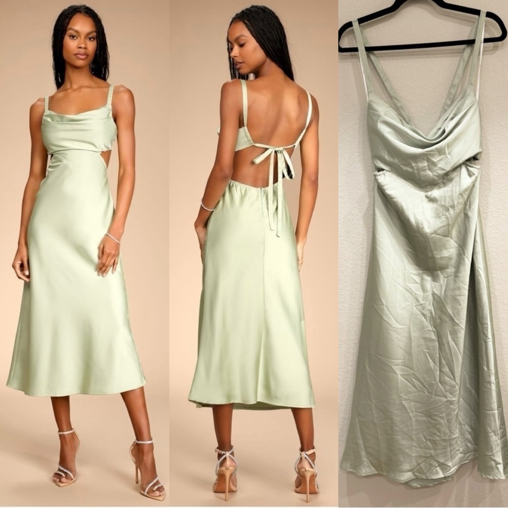 NWOT‎ Lulus Stun to Remember Sage Green Satin Cowl Neck Cutout Midi Dress